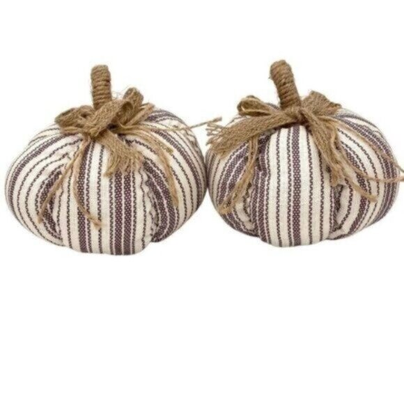 Burgundy Striped Fabric Pumpkin Fall Farmhouse Decor Set of 2 New - Picture 5 of 8